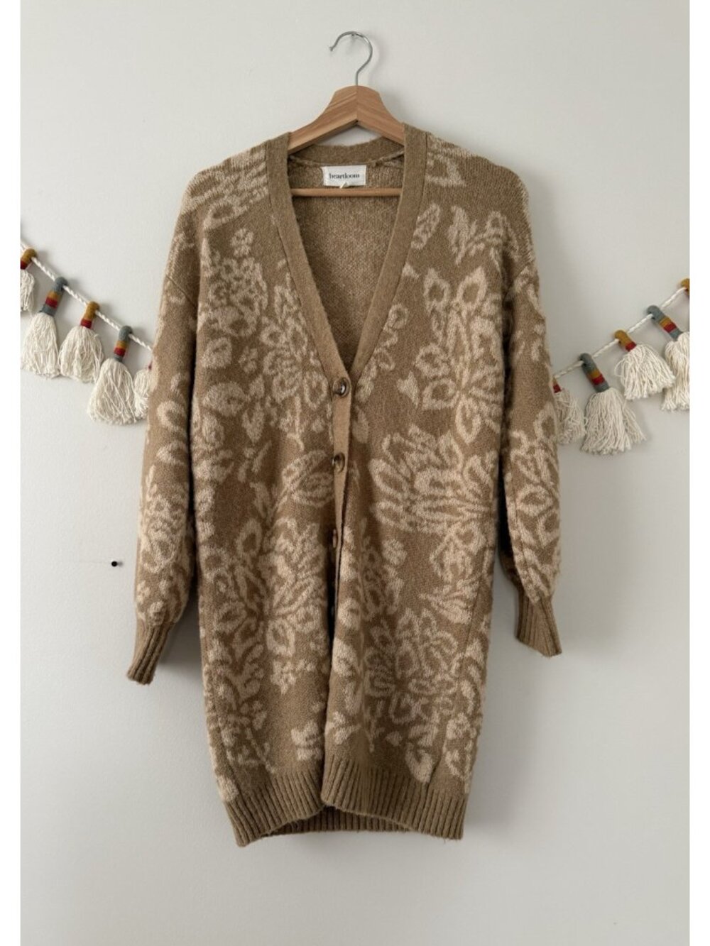 Heartloom Ryan Jacquard Longline Button Front Cardigan Brown Cozy Chunky XS
